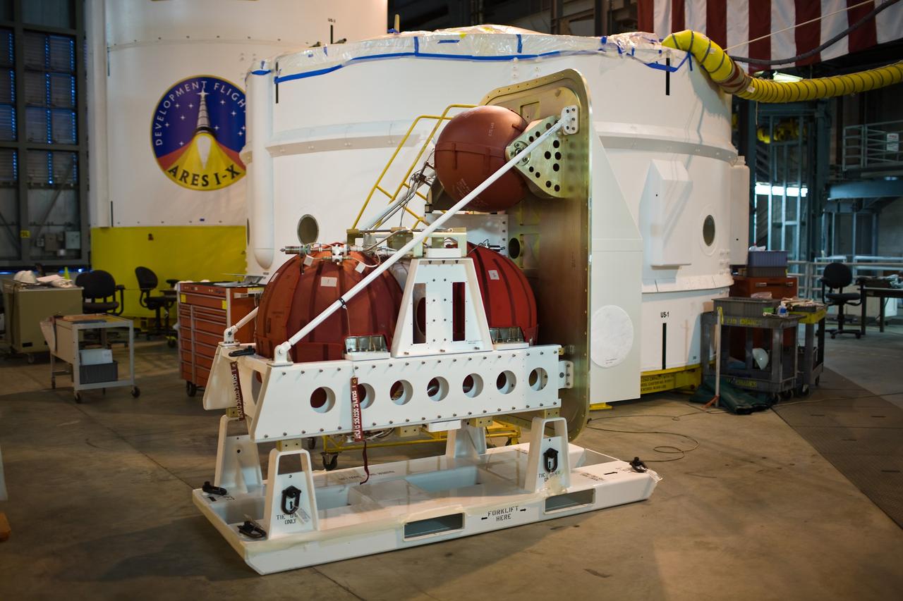 CAPE CANAVERAL, Fla. –– In High Bay 4 of the Vehicle Assembly Building at NASA's Kennedy Space Center in Florida, a second roll control system module is ready to be installed in an Ares I-X segment.  Ares I-X is the test vehicle for the Ares I, which is part of the Constellation Program to return men to the moon and beyond. Ares I-X is targeted for launch in August 2009.  Photo credit: NASA/Dimitri Gerondidakis