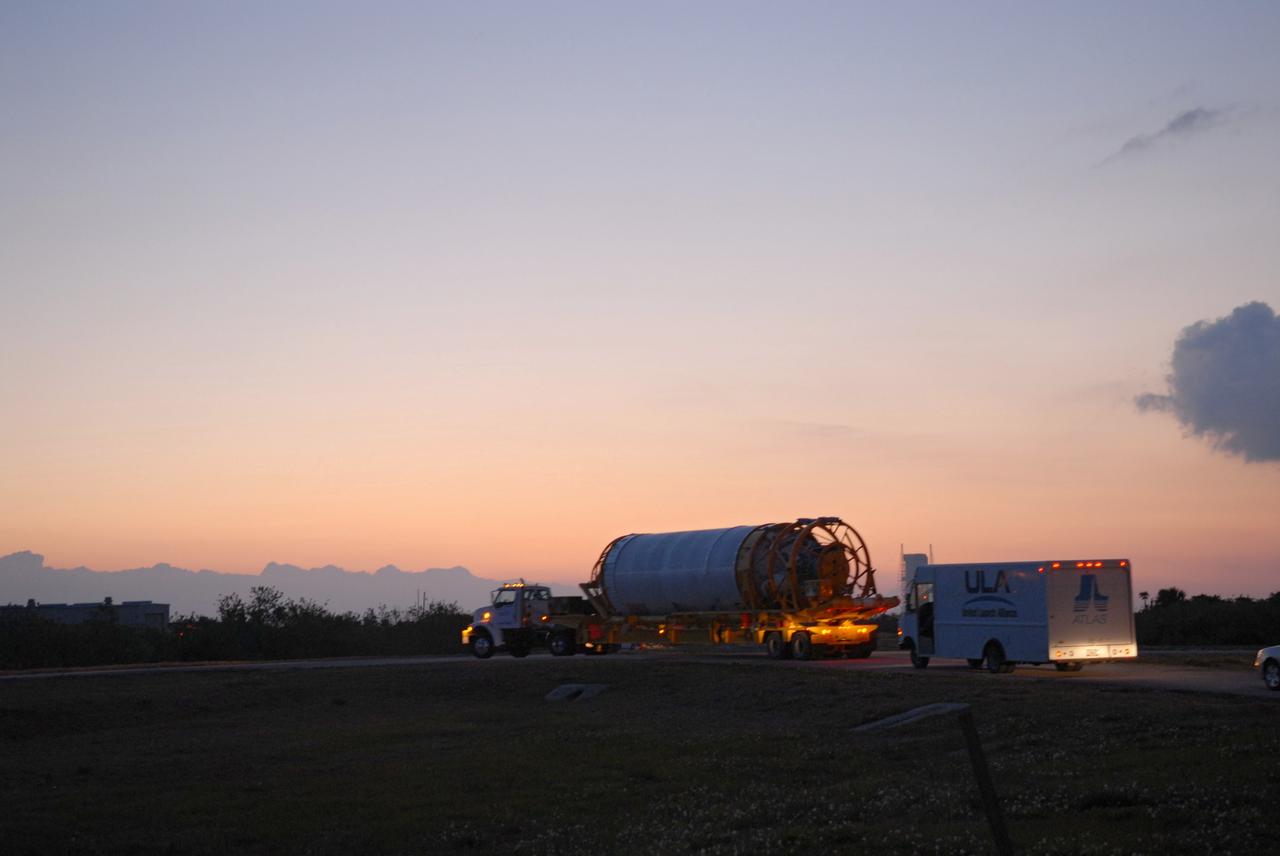 CAPE CANAVERAL, Fla. –– The Centaur upper stage is transported to the Vertical Integration Facility near Cape Canaveral Air Force Station's Launch Complex 41, where it will be lifted onto the Atlas V first stage.  The Atlas V/Centaur is the launch vehicle for NASA's Lunar Reconnaissance Orbiter, or LRO, and NASA's Lunar CRater Observation and Sensing Satellite, known as LCROSS.  LCROSS and LRO are the first missions in NASA's plan to return humans to the moon and begin establishing a lunar outpost by 2020.  Photo credit: NASA/Jack Pfaller