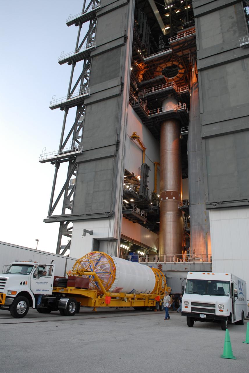 CAPE CANAVERAL, Fla. –– The Centaur upper stage arrives at the Vertical Integration Facility near Cape Canaveral Air Force Station's Launch Complex 41, where it will be lifted onto the Atlas V first stage, already in the tower. The Atlas V/Centaur is the launch vehicle for NASA's Lunar Reconnaissance Orbiter, or LRO, and NASA's Lunar CRater Observation and Sensing Satellite, known as LCROSS.  LCROSS and LRO are the first missions in NASA's plan to return humans to the moon and begin establishing a lunar outpost by 2020.  Photo credit: NASA/Jack Pfaller