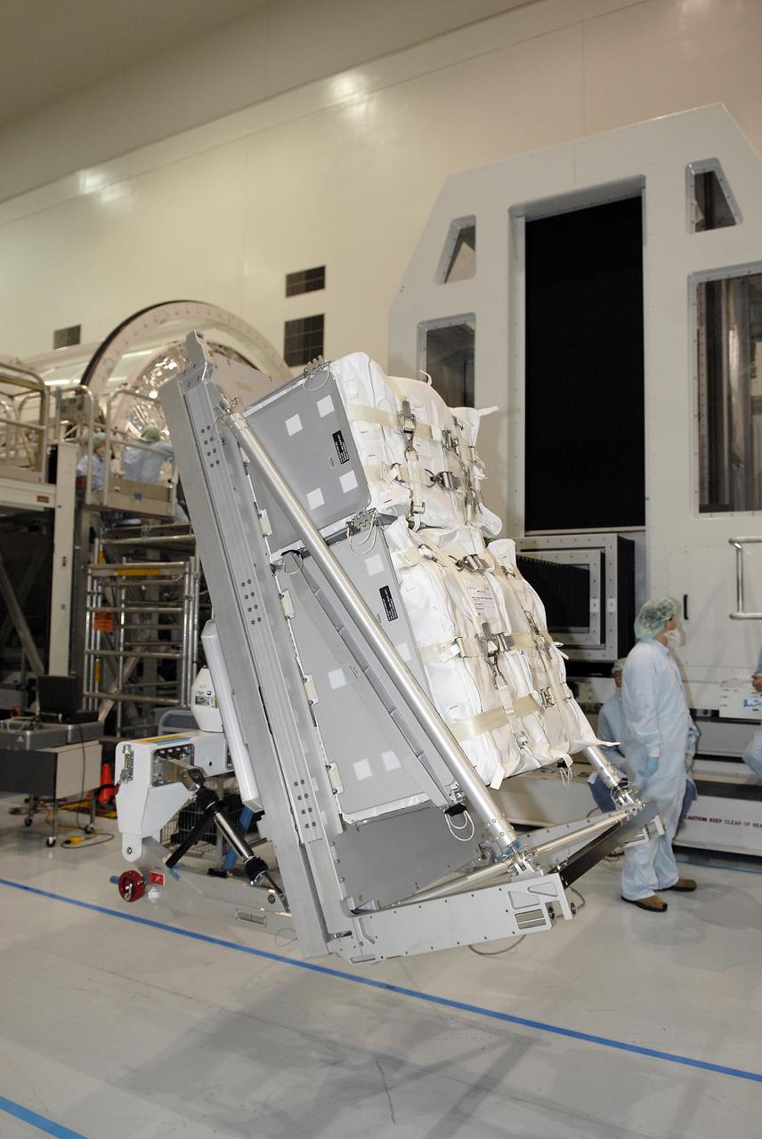 CAPE CANAVERAL, Fla. – In the Space Station Processing Facility at NASA's Kennedy Space Center in Florida, the Resupply Stowage Platform, or RSP, is ready for installation in the multi-purpose logistics module Leonardo. The module is part of the payload for space shuttle Discovery's STS-128 mission. Discovery will carry science and storage racks to the International Space Station . Launch of Discovery is targeted for Aug. 6.  Photo credit: NASA/Kim Shiflett