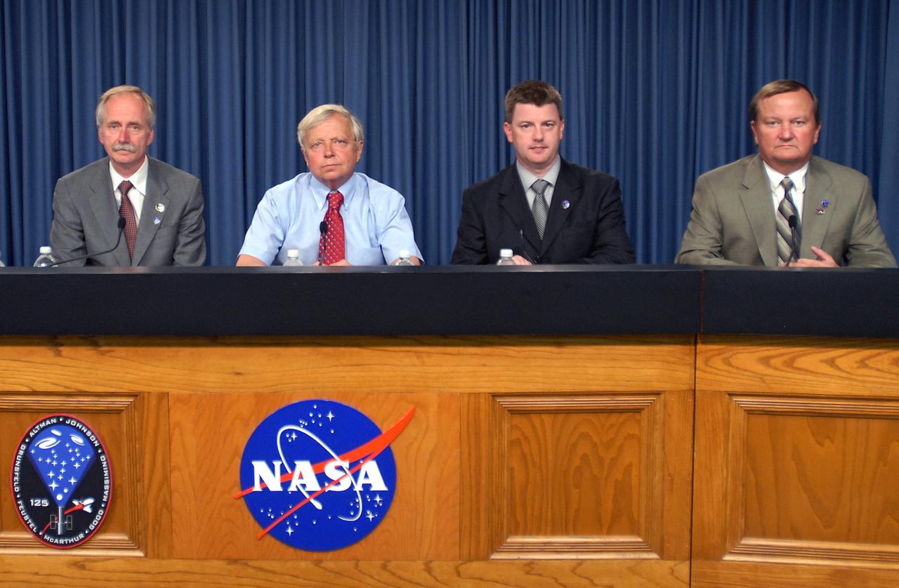 CAPE CANAVERAL, Fla. – At NASA's Kennedy Space Center in Florida, a press conference following the successful launch of space shuttle Atlantis on the STS-125 mission featured (from left) Associate Administrator for NASA's Space Operations Directorate William Gerstenmaier, Associate Administrator for NASA's Science Mission Directorate Ed Weiler, Launch Integration Manager Mike Moses and Shuttle Launch Director Mike Leinbach. Atlantis will rendezvous with NASA's Hubble Space Telescope. Liftoff was on time at 2:01 p.m. EDT. Atlantis' 11-day flight will include five spacewalks to refurbish and upgrade the telescope with state-of-the-art science instruments that will expand Hubble's capabilities and extend its operational lifespan through at least 2014. The payload includes a Wide Field Camera 3, Fine Guidance Sensor and the Cosmic Origins Spectrograph. Photo credit: NASA/Jim Grossmann