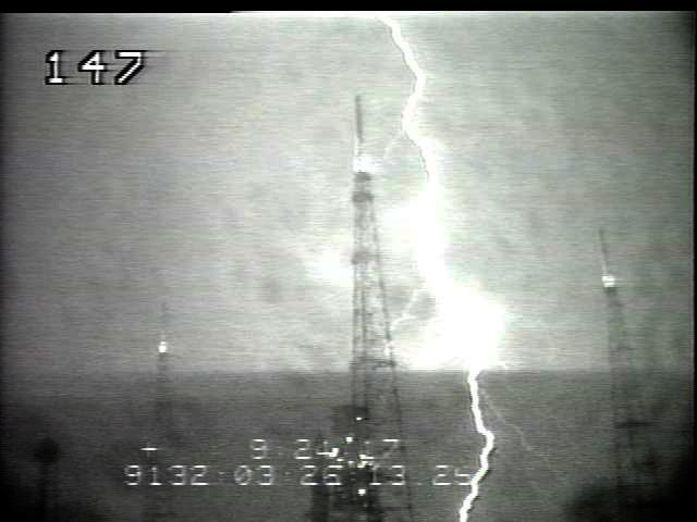CAPE CANAVERAL, Fla. – This photo shows one of two lightning strikes that occurred on May 11 around 11 p.m. within a third of a mile of space shuttle Endeavour on Launch Pad 39B at NASA's Kennedy Space Center in Florida. Engineers and safety personnel evaluated data and performed a walkdown of the pad and determined there is no damage to the vehicle or the pad. The images are from Kennedy's Operational Television cameras which can be used to triangulate the location of lightning strikes. Other detection systems include the Cloud-To-Ground Lightning Surveillance System, Strikenet/National Lightning Detection Network, Lightning Induced Voltage Instrumentation System and the Catenary Wire Lightning Instrumentation System.  Endeavour is standing by on the pad, prepared for liftoff in the unlikely event that a rescue mission is necessary during space shuttle Atlantis' STS-125 mission to service NASA's Hubble Space Telescope.  Photo credit: NASA