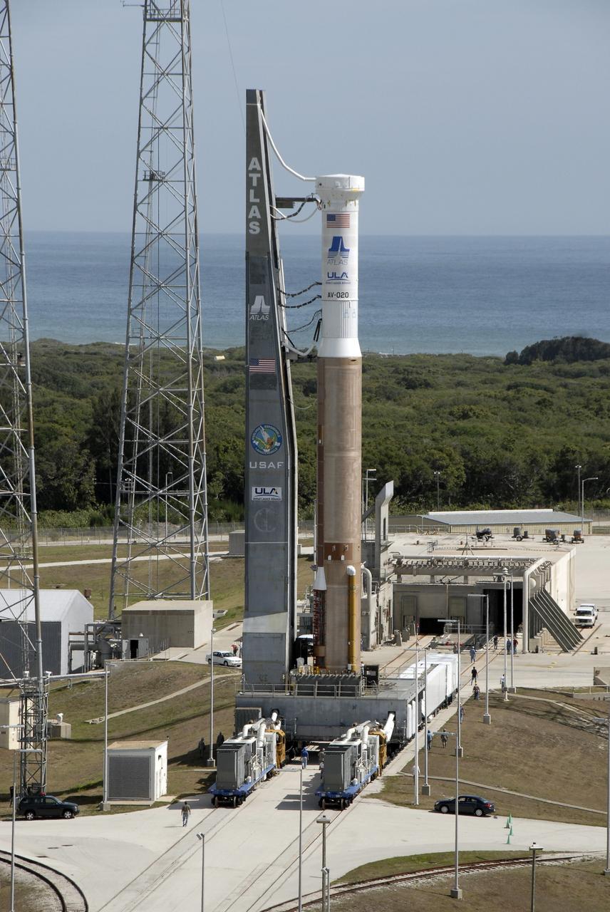 CAPE CANAVERAL, Fla. – The Atlas V/Centaur arrives on Launch Complex-41 at Cape Canaveral Air Force Station in Florida. The Atlas was rolled to the launch pad from the Vertical Integration Facility in preparation for the wet dress rehearsal, or countdown test, which means being fully loaded with propellants including liquid hydrogen, liquid oxygen and RP-1 fuel. The launch vehicle will be rolled off the pad and returned to the VIF on May 16. The Atlas V/Centaur is the launch vehicle for NASA's Lunar Reconnaissance Orbiter, or LRO, and NASA's Lunar CRater Observation and Sensing Satellite, known as LCROSS. They will be mated with the Atlas in late May. LCROSS and LRO are the first missions in NASA's plan to return humans to the moon and begin establishing a lunar outpost by 2020. Launch is scheduled for no earlier than June 17.  Photo credit: NASA/Kim Shiflett