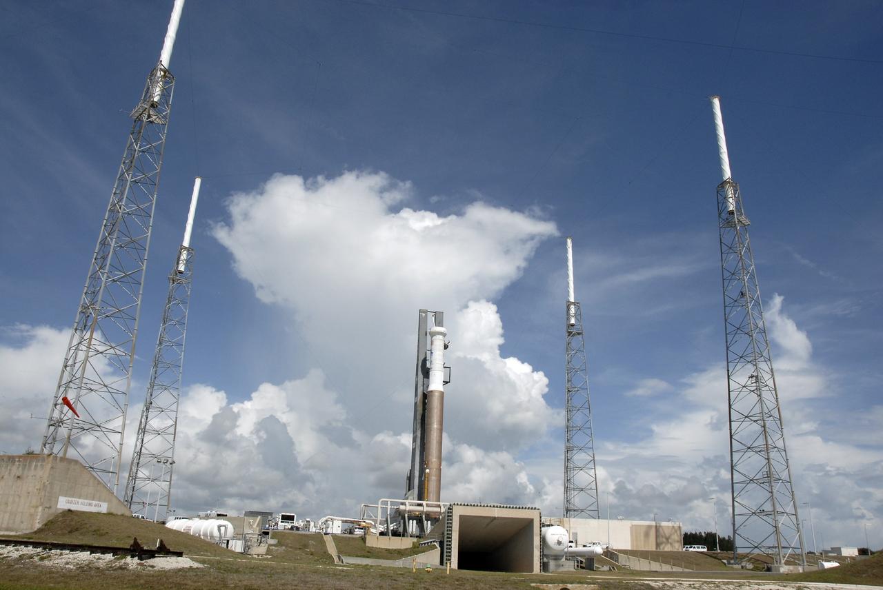 CAPE CANAVERAL, Fla. – The Atlas V/Centaur arrives on Launch Complex-41 at Cape Canaveral Air Force Station in Florida. Lightning towers surround the pad for protection against possible lightning strikes. The Atlas was rolled to the launch pad from the Vertical Integration Facility in preparation for the wet dress rehearsal, or countdown test, which means being fully loaded with propellants including liquid hydrogen, liquid oxygen and RP-1 fuel. The launch vehicle will be rolled off the pad and returned to the VIF on May 16. The Atlas V/Centaur is the launch vehicle for NASA's Lunar Reconnaissance Orbiter, or LRO, and NASA's Lunar CRater Observation and Sensing Satellite, known as LCROSS. They will be mated with the Atlas in late May. LCROSS and LRO are the first missions in NASA's plan to return humans to the moon and begin establishing a lunar outpost by 2020. Launch is scheduled for no earlier than June 17.  Photo credit: NASA/Kim Shiflett