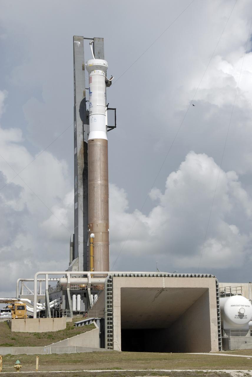 CAPE CANAVERAL, Fla. – The Atlas V/Centaur arrives on Launch Complex-41 at Cape Canaveral Air Force Station in Florida. The Atlas was rolled to the launch pad from the Vertical Integration Facility in preparation for the wet dress rehearsal, or countdown test, which means being fully loaded with propellants including liquid hydrogen, liquid oxygen and RP-1 fuel. The launch vehicle will be rolled off the pad and returned to the VIF on May 16. The Atlas V/Centaur is the launch vehicle for NASA's Lunar Reconnaissance Orbiter, or LRO, and NASA's Lunar CRater Observation and Sensing Satellite, known as LCROSS. They will be mated with the Atlas in late May. LCROSS and LRO are the first missions in NASA's plan to return humans to the moon and begin establishing a lunar outpost by 2020. Launch is scheduled for no earlier than June 17. Photo credit: NASA/Kim Shiflett