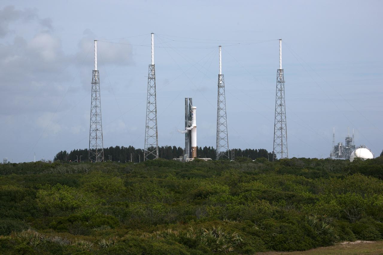 CAPE CANAVERAL, Fla. – At Launch Complex-41 on Cape Canaveral Air Force Station in Florida, the Atlas V/Centaur is undergoing a wet dress rehearsal, or countdown test. The Atlas V is being fully loaded with propellants including liquid hydrogen, liquid oxygen and RP-1 fuel. Surrounding the vehicle are four lightning towers. Following the rehearsal, the launch vehicle will be rolled off the pad and returned to the Vertical Integration Facility on May 16. The Atlas V/Centaur is the launch vehicle for NASA's Lunar Reconnaissance Orbiter, or LRO, and NASA's Lunar CRater Observation and Sensing Satellite, known as LCROSS. They will be mated with the Atlas in late May. LCROSS and LRO are the first missions in NASA's plan to return humans to the moon and begin establishing a lunar outpost by 2020. Launch is scheduled for no earlier than June 17. Photo credit: NASA/Dimitri Gerondidakis