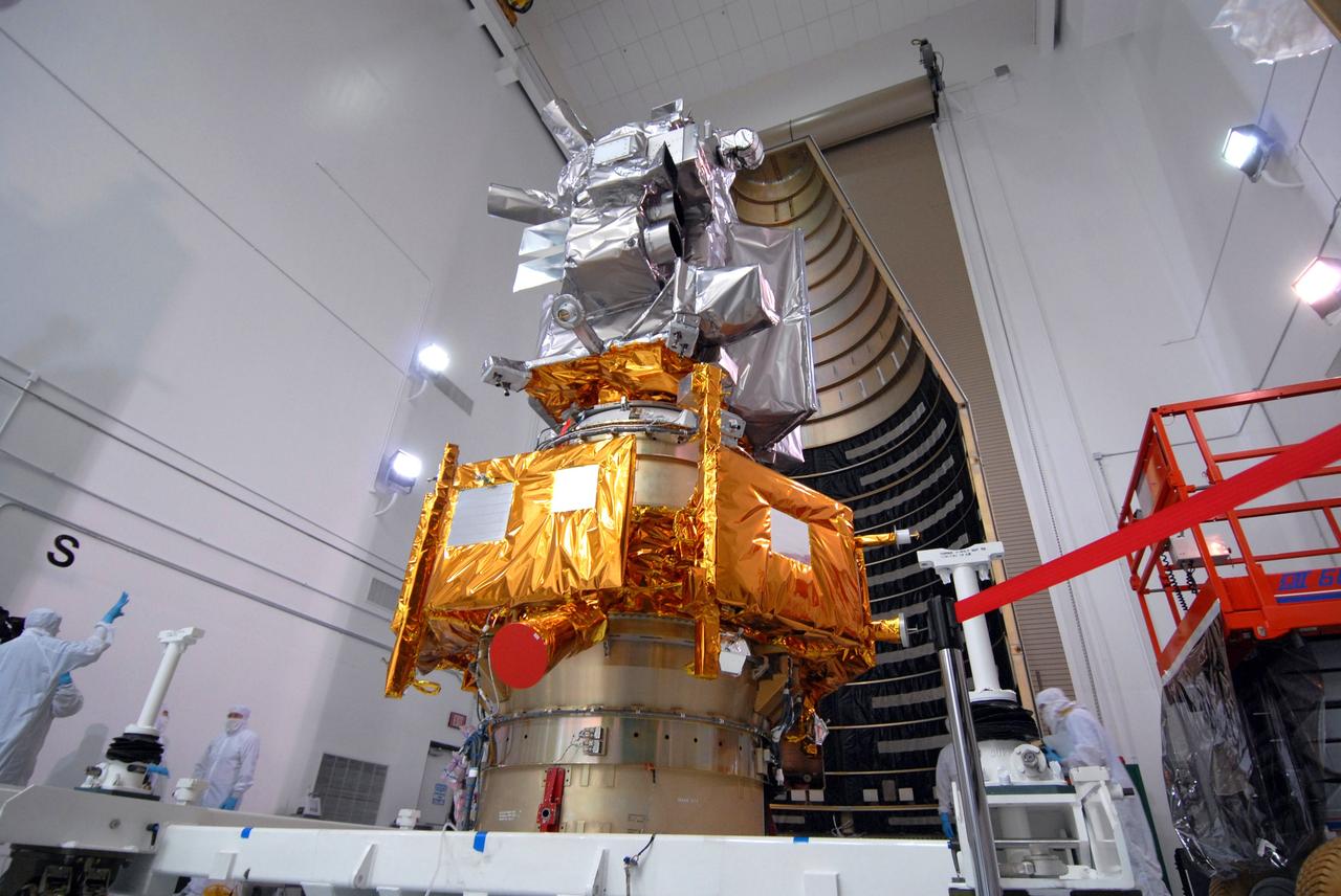 CAPE CANAVERAL, Fla. – At Astrotech Space Operations Facility in Titusville, Fla., NASA's Lunar Reconnaissance Orbiter, or LRO, and NASA's Lunar Crater Observation and Sensing Satellite, known as LCROSS, are being prepared for fairing installation.  The LRO includes five instruments:  DIVINER, LAMP, LEND, LOLA and LROC.  They will be launched aboard an Atlas V/Centaur rocket no earlier than June 17 from Launch Complex-41 on Cape Canaveral Air Force Station in Florida.  Photo credit: NASA/Jack Pfaller