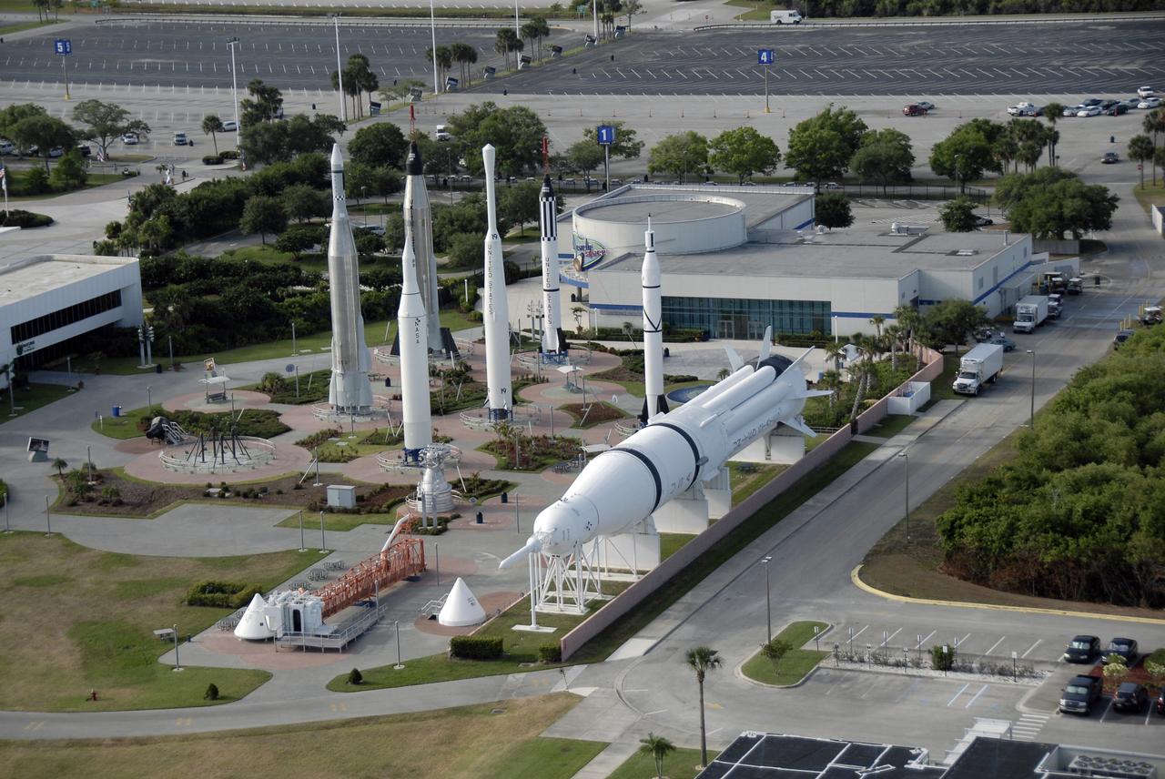 CAPE CANAVERAL, Fla. – This aerial view of the Kennedy Space Center Visitor Complex shows the rockets on display in an area known as the "Rocket Garden."  Photo credit: NASA/Kim Shiflett
