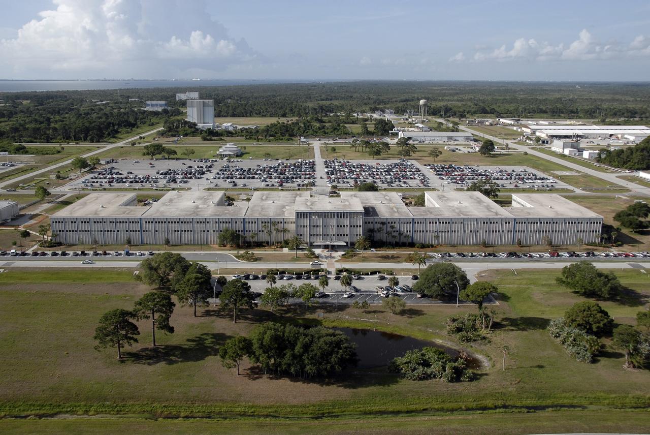 CAPE CANAVERAL, Fla. – This aerial view of NASA's Kennedy Space Center shows the Headquarters Building. Photo credit: NASA/Kim Shiflett