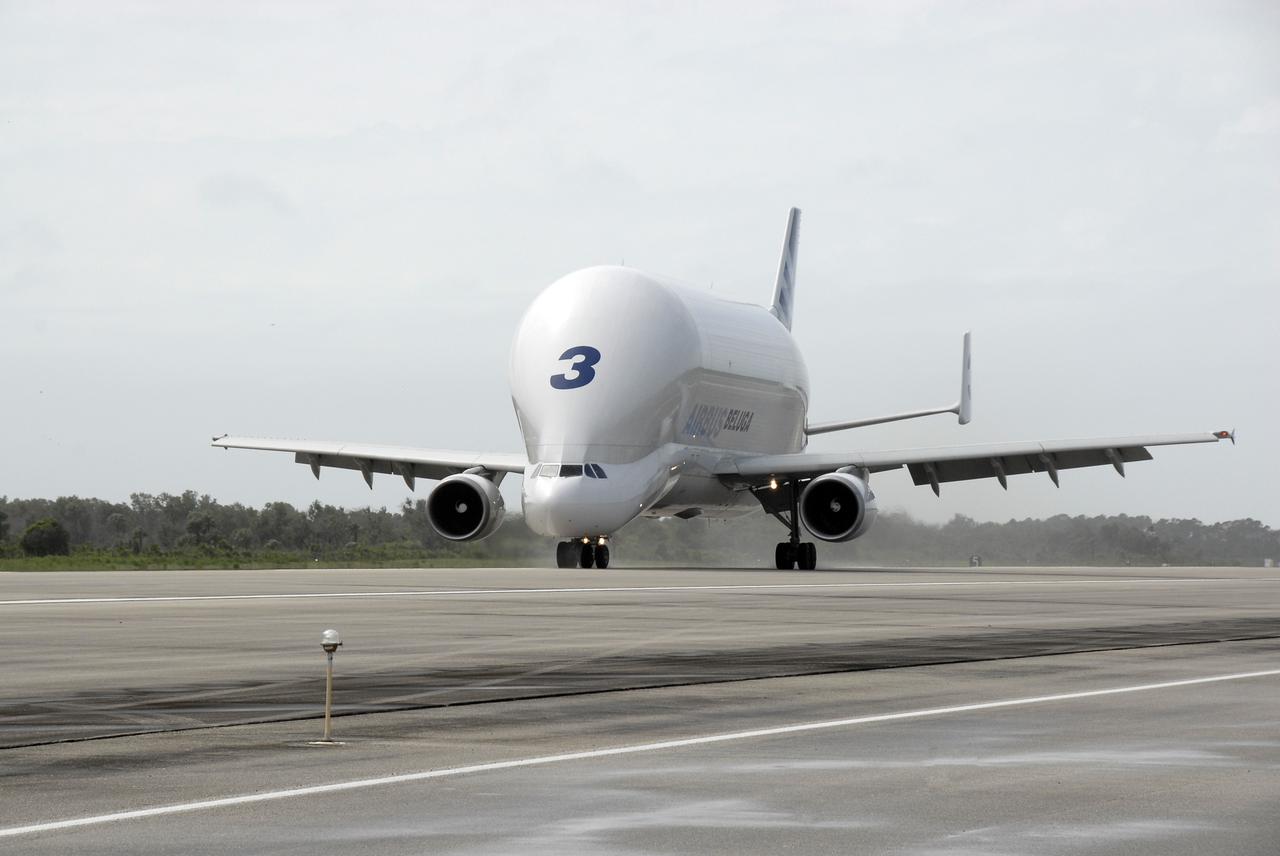 CAPE CANAVERAL, Fla. – The newest module for the International Space Station, the Tranquility Node 3 arrives at NASA Kennedy Space Center's Shuttle Landing Facility aboard a Beluga Airbus.  Tranquility will eventually house the life support equipment necessary for the International Space Station's permanent crew of six. It will also accommodate the European Space Agency's Cupola observation module, a seven window dome-shaped structure.  Tranquility is the payload on the STS-130 mission, targeted for launch in February 2010.  Photo credit: NASA/Kim Shiflett