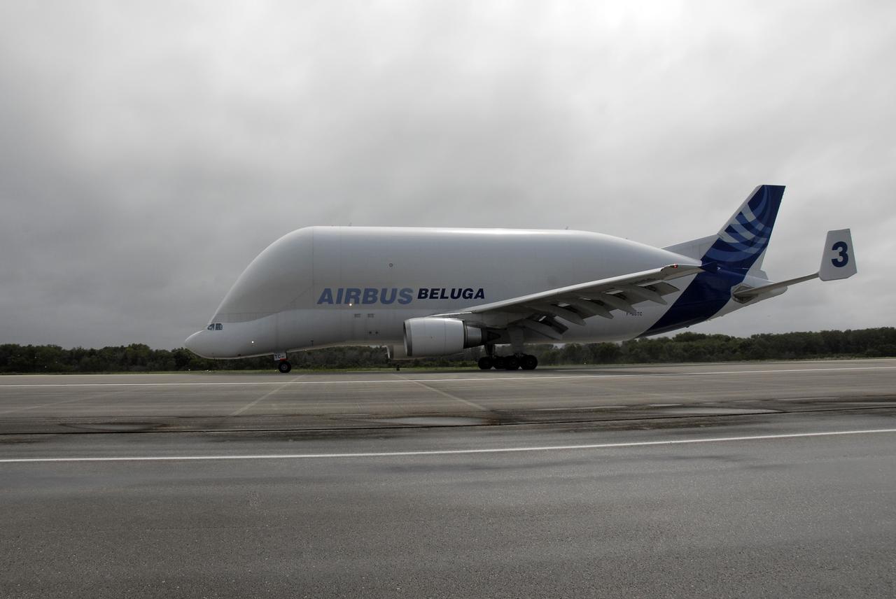 CAPE CANAVERAL, Fla. – A Beluga Airbus lands at NASA Kennedy Space Center's Shuttle Landing Facility carrying the newest module for the International Space Station, the Tranquility Node 3. Tranquility will eventually house the life support equipment necessary for the International Space Station's permanent crew of six. It will also accommodate the European Space Agency's Cupola observation module, a seven window dome-shaped structure.  Tranquility is the payload on the STS-130 mission, targeted for launch in February 2010.  Photo credit: NASA/Kim Shiflett