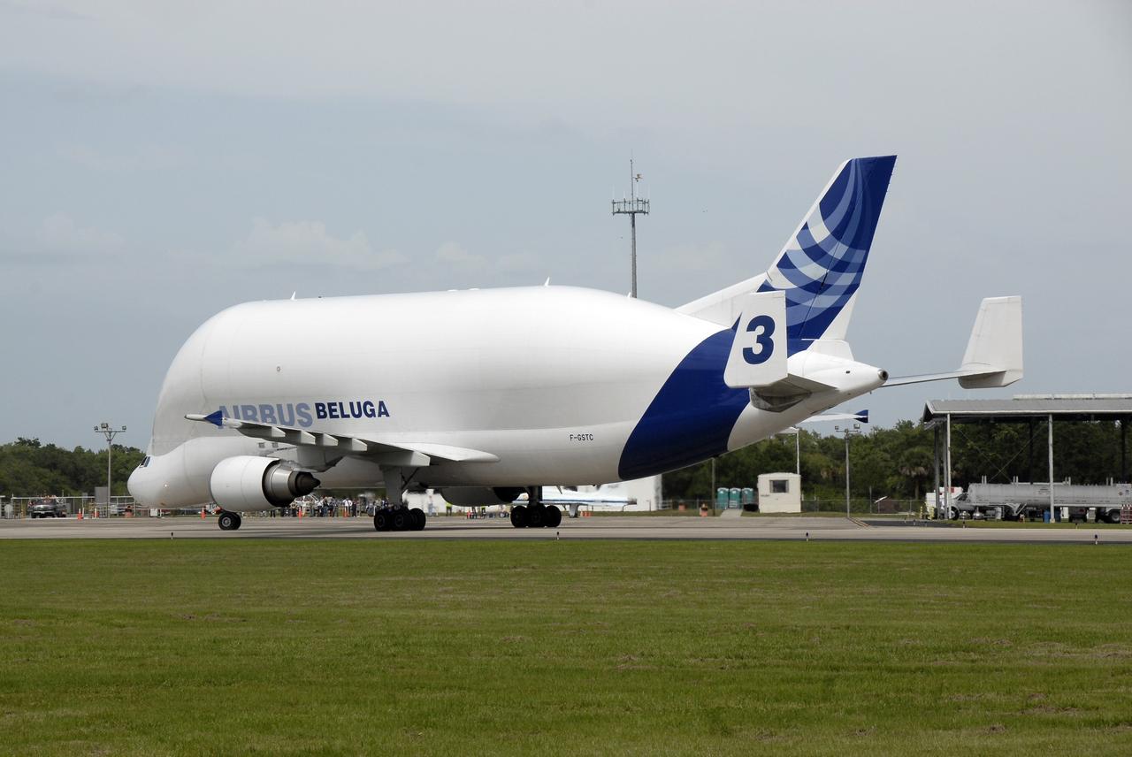 CAPE CANAVERAL, Fla. – A Beluga Airbus  taxis on the runway at NASA Kennedy Space Center's Shuttle Landing Facility.  The aircraft carries the newest module for the International Space Station, the Tranquility Node 3. Tranquility will eventually house the life support equipment necessary for the International Space Station's permanent crew of six. It will also accommodate the European Space Agency's Cupola observation module, a seven window dome-shaped structure.  Tranquility is the payload on the STS-130 mission, targeted for launch in February 2010.  Photo credit: NASA/Kim Shiflett