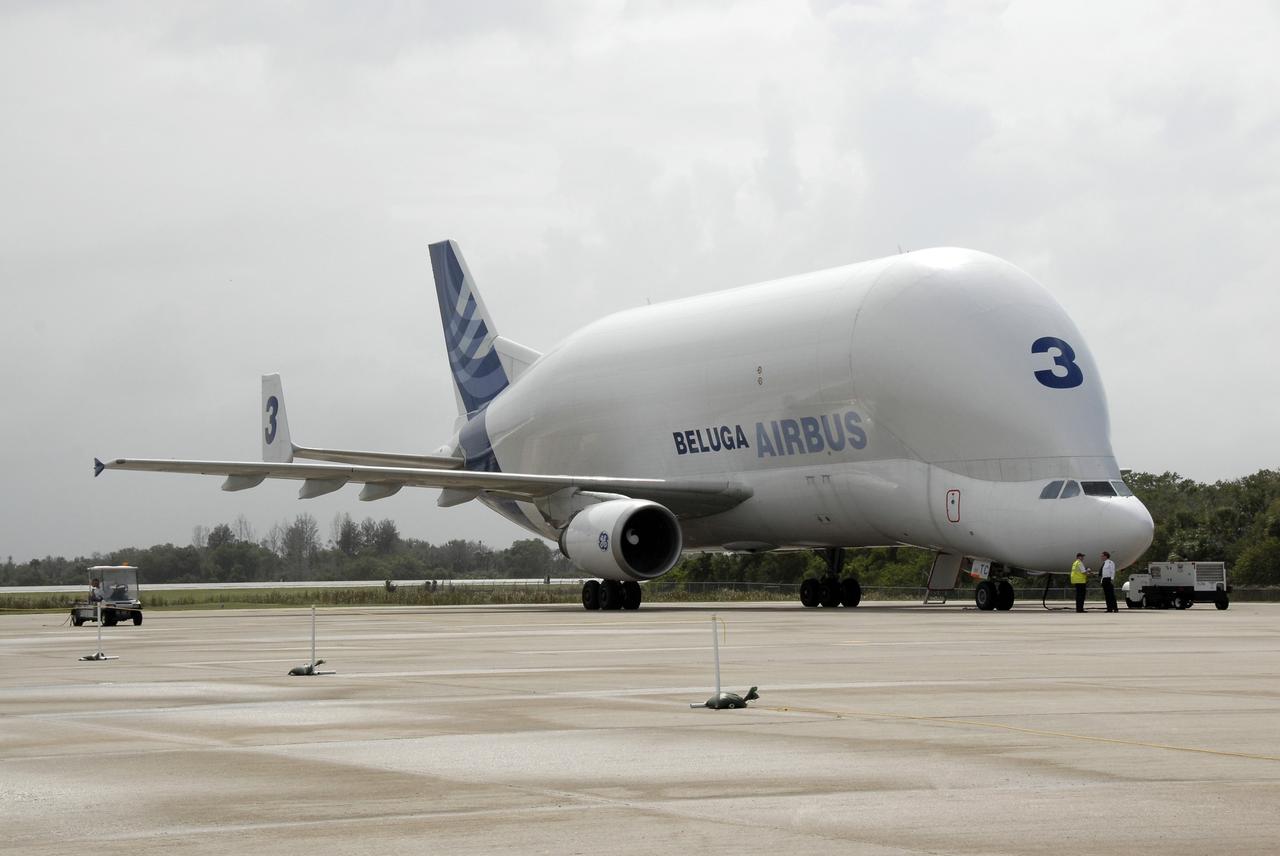 CAPE CANAVERAL, Fla. – A Beluga Airbus  parks at NASA Kennedy Space Center's Shuttle Landing Facility.  The aircraft carries the newest module for the International Space Station, the Tranquility Node 3. Tranquility will eventually house the life support equipment necessary for the International Space Station's permanent crew of six. It will also accommodate the European Space Agency's Cupola observation module, a seven window dome-shaped structure.  Tranquility is the payload on the STS-130 mission, targeted for launch in February 2010.  Photo credit: NASA/Kim Shiflett