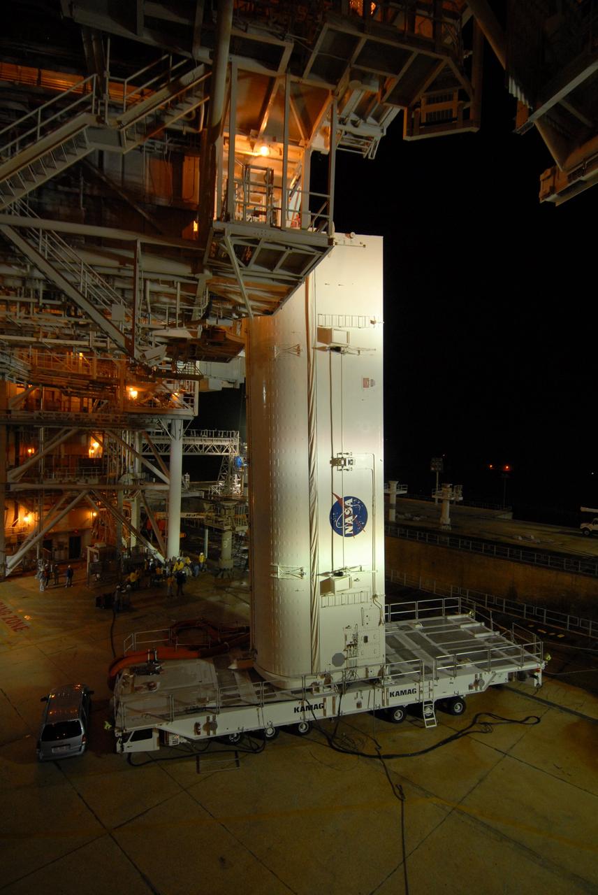 CAPE CANAVERAL, Fla. – At Launch Pad 39A at NASA's Kennedy Space Center in Florida, the canister containing the payload for space shuttle Endeavour’s STS-127 mission awaits a lift into the Payload Changeout Room.  Endeavour’s rollaround from Pad 39B to Pad 39A is planned for May 30. The STS-127 payload includes the Japan Aerospace Exploration Agency's Kibo Exposed Facility and the Experiment Logistics Module Exposed Section of the International Space Station. They will be installed on the Kibo laboratory already on the station. Launch of the STS-127 mission is targeted for June 13.  Photo credit: NASA/Tim Jacobs
