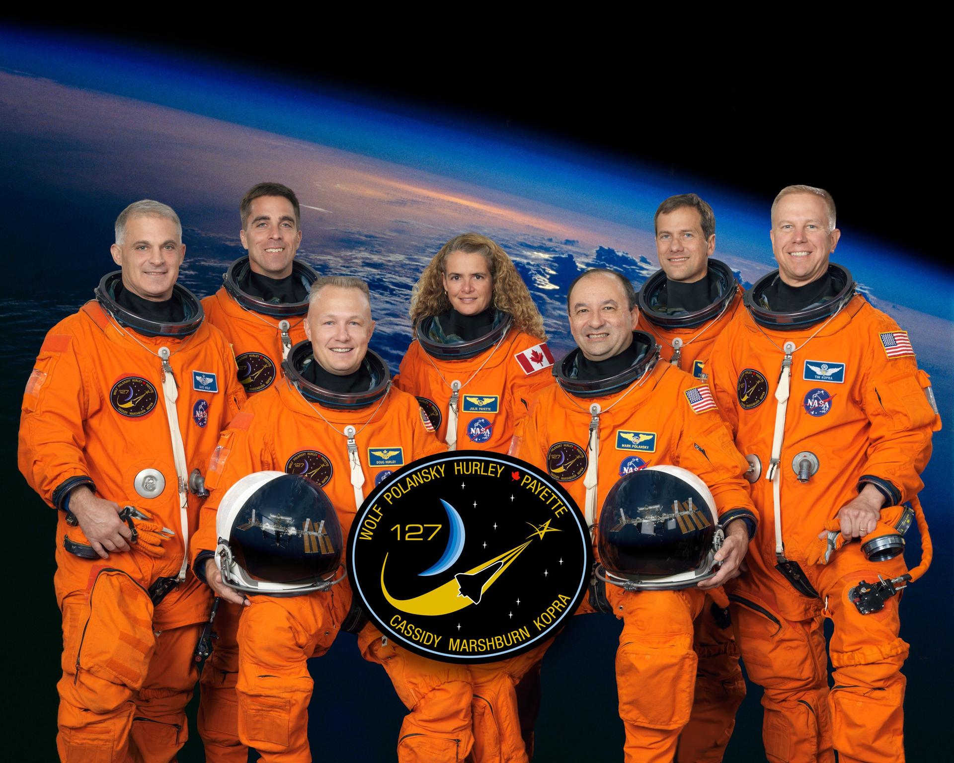 Attired in training versions of their shuttle launch and entry suits, these seven astronauts take a break from training to pose for the STS-127 crew portrait.