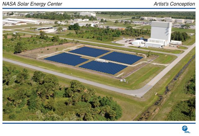 CAPE CANAVERAL, Fla. – This is a rendering of one of two proposed solar power systems that NASA and Florida Power & Light Company are beginning to construct on NASA's Kennedy Space Center as part of a public-private partnership that promotes a clean-energy future. A groundbreaking ceremony took place on May 27 at the Kennedy Space Center Visitor Complex.   FPL, Florida's largest electric utility, will build and maintain two solar photovoltaic power generation systems at Kennedy. One will produce an estimated 10 megawatts of emissions-free power for FPL customers, which is enough energy to serve roughly 1,100 homes. The second is a one-megawatt solar power facility that will provide renewable energy directly to Kennedy. The FPL facilities at NASA will help provide Florida residents and America's space program with new sources of clean energy that will cut reliance on fossil fuels and improve the environment by reducing greenhouse gas emissions. The one megawatt facility also will help NASA meet its goal for use of power generated from renewable energy.  Photo courtesy of FPL