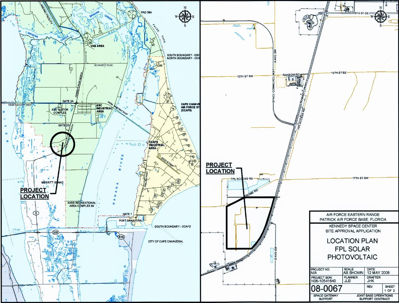 CAPE CANAVERAL, Fla. – These maps show one of the locations of the proposed solar power systems that NASA and Florida Power & Light Company are beginning to construct on NASA's Kennedy Space Center as part of a public-private partnership that promotes a clean-energy future. A groundbreaking ceremony took place on May 27 at the Kennedy Space Center Visitor Complex. FPL, Florida's largest electric utility, will build and maintain two solar photovoltaic power generation systems at Kennedy. One will produce an estimated 10 megawatts of emissions-free power for FPL customers, which is enough energy to serve roughly 1,100 homes. The second is a one-megawatt solar power facility that will provide renewable energy directly to Kennedy. The FPL facilities at NASA will help provide Florida residents and America's space program with new sources of clean energy that will cut reliance on fossil fuels and improve the environment by reducing greenhouse gas emissions. The one megawatt facility also will help NASA meet its goal for use of power generated from renewable energy.  Photo courtesy of FPL