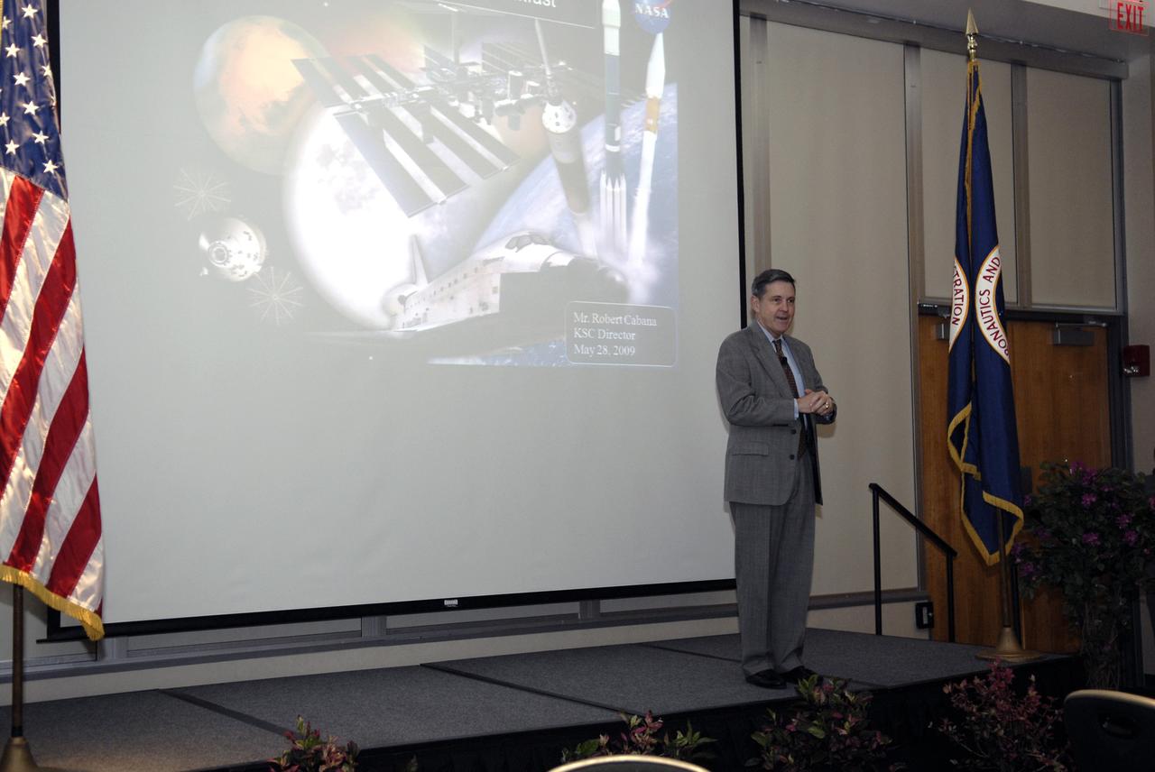 CAPE CANAVERAL, Fla. – NASA Kennedy Space Center Bob Cabana talks to guests at the annual Community Leaders Breakfast held in the Debus Center at Kennedy's Visitor Complex. Community leaders, business executives, educators, community organizers and state and local government heard Cabana provide an overview of operations at the space center and a look ahead at upcoming missions and activities. Photo credit: NASA/Kim Shiflett