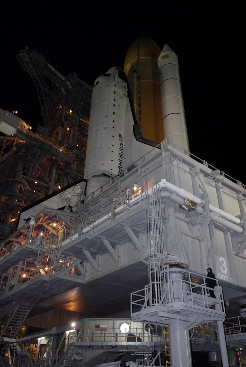 CAPE CANAVERAL, Fla. – At NASA's Kennedy Space Center in Florida, lights on the mobile launcher platform reveal space shuttle Endeavour beginning its roll off Launch Pad 39B for the 3.4-mile rollaround to Launch Pad 39A. First motion was at 3:16 a.m. EDT.  Endeavour was on standby on Pad 39B to be used in the unlikely event that a rescue mission was necessary during space shuttle Atlantis' STS-125 mission to NASA's Hubble Space Telescope. The payload on the STS-127 mission includes the Japan Aerospace Exploration Agency's Kibo Exposed Facility and the Experiment Logistics Module Exposed Section of the International Space Station. They will be installed on the Kibo laboratory already on the station. Launch of STS-127 is targeted for June 13. Photo credit: NASA/Kim Shiflett