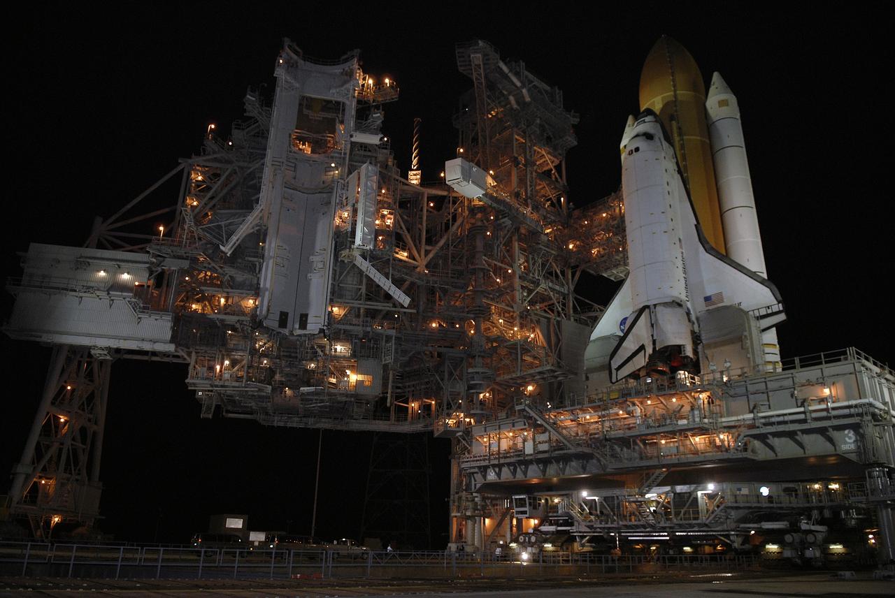 CAPE CANAVERAL, Fla. – At NASA's Kennedy Space Center in Florida, the rotating service structure on Launch Pad 39B is retracted for space shuttle Endeavour's 3.4-mile rollaround to Launch Pad 39A. First motion was at 3:16 a.m. EDT.  Endeavour was on standby on Pad 39B to be used in the unlikely event that a rescue mission was necessary during space shuttle Atlantis' STS-125 mission to NASA's Hubble Space Telescope. The payload on the STS-127 mission includes the Japan Aerospace Exploration Agency's Kibo Exposed Facility and the Experiment Logistics Module Exposed Section of the International Space Station. They will be installed on the Kibo laboratory already on the station. Launch of STS-127 is targeted for June 13. Photo credit: NASA/Kim Shiflett