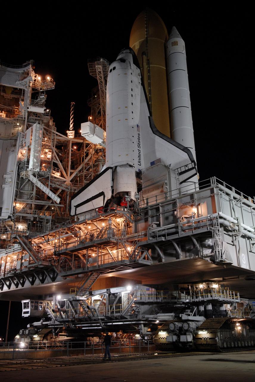 CAPE CANAVERAL, Fla. – At NASA's Kennedy Space Center in Florida, space shuttle Endeavour begins its slow roll off Launch Pad 39B for the 3.4-mile rollaround to Launch Pad 39A. First motion was at 3:16 a.m. EDT.  Endeavour was on standby on Pad 39B to be used in the unlikely event that a rescue mission was necessary during space shuttle Atlantis' STS-125 mission to NASA's Hubble Space Telescope. The payload on the STS-127 mission includes the Japan Aerospace Exploration Agency's Kibo Exposed Facility and the Experiment Logistics Module Exposed Section of the International Space Station. They will be installed on the Kibo laboratory already on the station. Launch of STS-127 is targeted for June 13. Photo credit: NASA/Kim Shiflett
