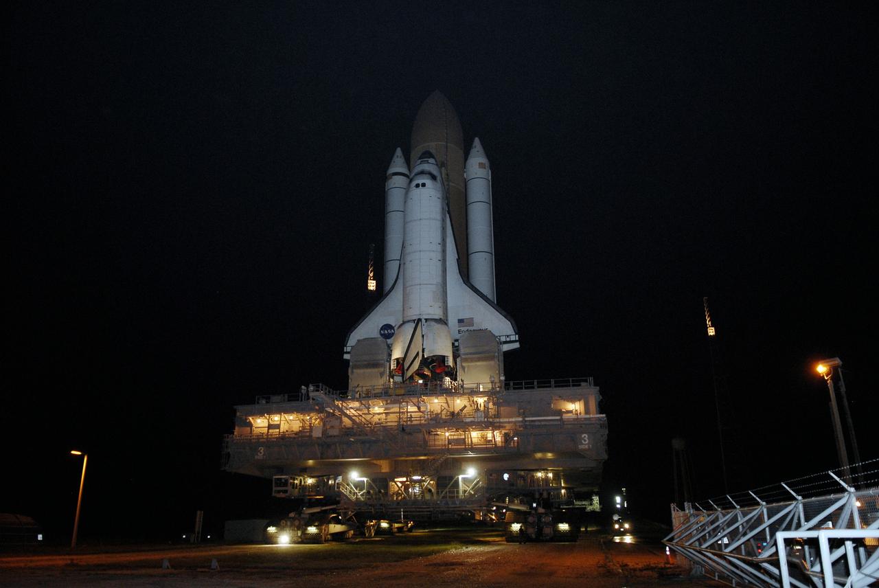 CAPE CANAVERAL, Fla. – At NASA's Kennedy Space Center in Florida, space shuttle Endeavour is illuminated only by lights on the mobile launcher platform as it rolls from Launch Pad 39B on the 3.4-mile rollaround to Launch Pad 39A. First motion was at 3:16 a.m. EDT.  Endeavour was on standby on Pad 39B to be used in the unlikely event that a rescue mission was necessary during space shuttle Atlantis' STS-125 mission to NASA's Hubble Space Telescope. The payload on the STS-127 mission includes the Japan Aerospace Exploration Agency's Kibo Exposed Facility and the Experiment Logistics Module Exposed Section of the International Space Station. They will be installed on the Kibo laboratory already on the station. Launch of STS-127 is targeted for June 13. Photo credit: NASA/Kim Shiflett