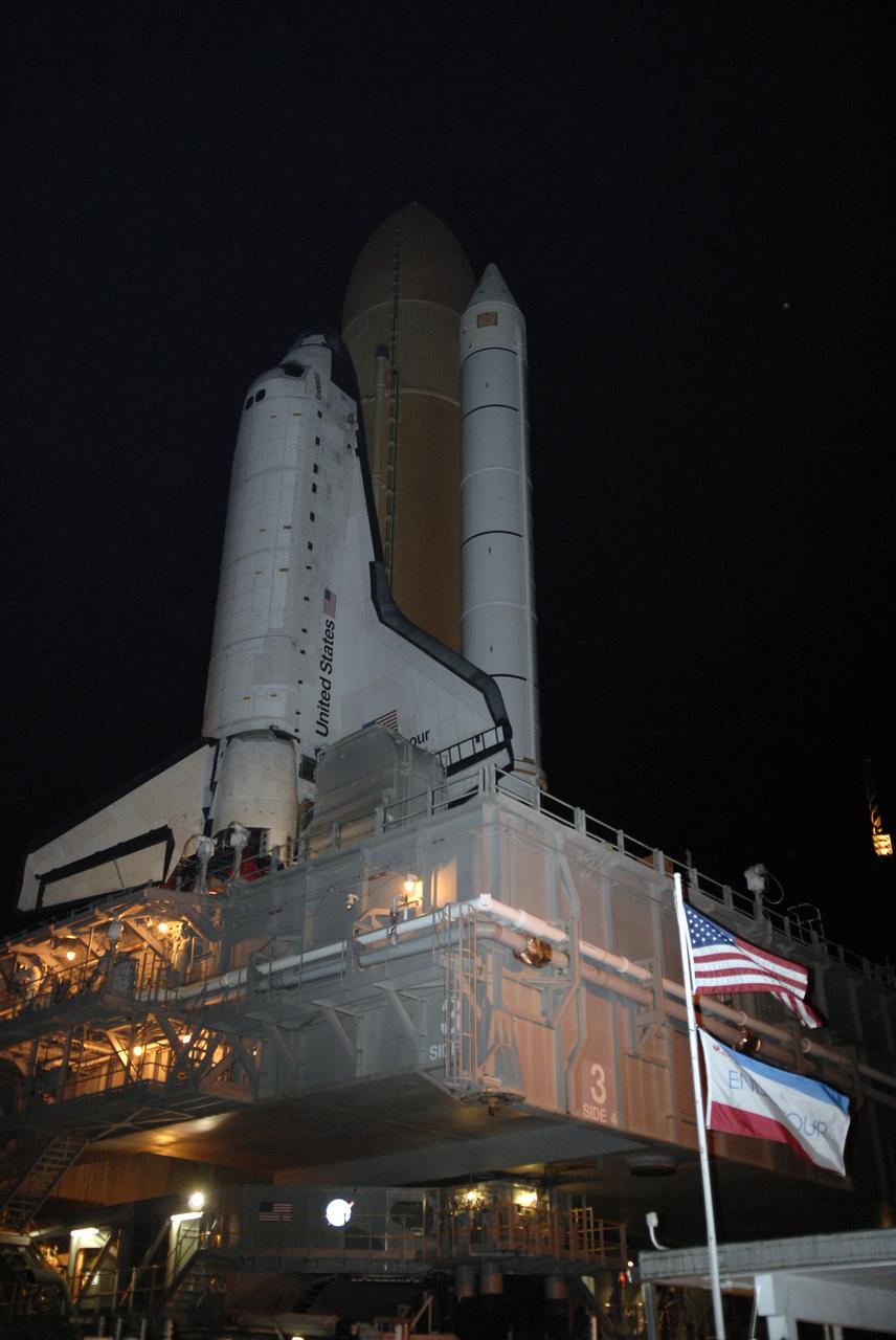 CAPE CANAVERAL, Fla. – At NASA's Kennedy Space Center in Florida, space shuttle Endeavour towers over the mobile launcher platform and crawler transporter beneath it as it rolls from Launch Pad 39B on the 3.4-mile rollaround to Launch Pad 39A. First motion was at 3:16 a.m. EDT.  Endeavour was on standby on Pad 39B to be used in the unlikely event that a rescue mission was necessary during space shuttle Atlantis' STS-125 mission to NASA's Hubble Space Telescope. The payload on the STS-127 mission includes the Japan Aerospace Exploration Agency's Kibo Exposed Facility and the Experiment Logistics Module Exposed Section of the International Space Station. They will be installed on the Kibo laboratory already on the station. Launch of STS-127 is targeted for June 13. Photo credit: NASA/Kim Shiflett