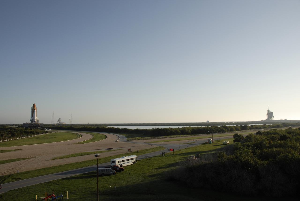 CAPE CANAVERAL, Fla. – At NASA's Kennedy Space Center in Florida, space shuttle Endeavour is well on its way from Launch Pad 39B on its 3.4-mile rollaround to Launch Pad 39A, at right. First motion was at 3:16 a.m. EDT.  Endeavour was on standby on Pad 39B to be used in the unlikely event that a rescue mission was necessary during space shuttle Atlantis' STS-125 mission to NASA's Hubble Space Telescope. The payload on the STS-127 mission includes the Japan Aerospace Exploration Agency's Kibo Exposed Facility and the Experiment Logistics Module Exposed Section of the International Space Station. They will be installed on the Kibo laboratory already on the station. Launch of STS-127 is targeted for June 13. Photo credit: NASA/Kim Shiflett