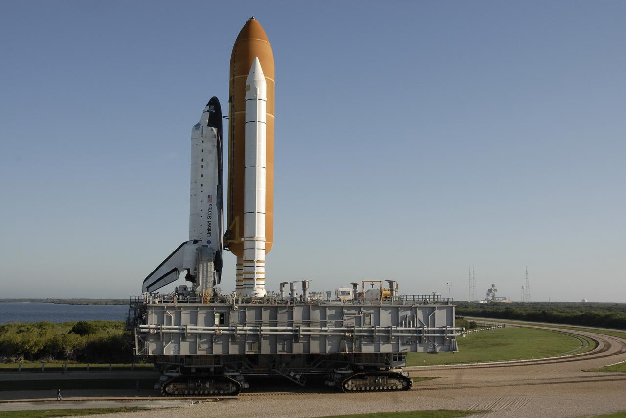CAPE CANAVERAL, Fla. – At NASA's Kennedy Space Center in Florida, space shuttle Endeavour passes the fork in the crawlerway between Launch Pad 39B, at right, and Launch Pad 39A.  First motion of the 3.4-mile rollaround was at 3:16 a.m. EDT.  Endeavour was on standby on Pad 39B to be used in the unlikely event that a rescue mission was necessary during space shuttle Atlantis' STS-125 mission to NASA's Hubble Space Telescope. The payload on the STS-127 mission includes the Japan Aerospace Exploration Agency's Kibo Exposed Facility and the Experiment Logistics Module Exposed Section of the International Space Station. They will be installed on the Kibo laboratory already on the station. Launch of STS-127 is targeted for June 13. Photo credit: NASA/Kim Shiflett