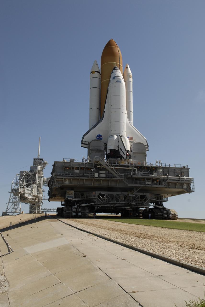 CAPE CANAVERAL, Fla. – At NASA's Kennedy Space Center in Florida, space shuttle Endeavour climbs the five percent grade of the crawlerway to the hardstand on Launch Pad 39A.   First motion of the 3.4-mile rollaround from Launch Pad 39B was at 3:16 a.m. EDT. Endeavour was on standby on Pad 39B to be used in the unlikely event that a rescue mission was necessary during space shuttle Atlantis' STS-125 mission to NASA's Hubble Space Telescope. The payload on Endeavour's next mission, STS-127, includes the Japan Aerospace Exploration Agency's Kibo Exposed Facility and the Experiment Logistics Module Exposed Section of the International Space Station. They will be installed on the Kibo laboratory already on the station. Launch of STS-127 is targeted for June 13. Photo credit: NASA/Kim Shiflett