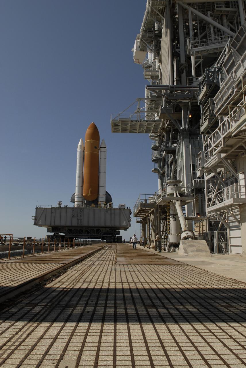 CAPE CANAVERAL, Fla. – At NASA's Kennedy Space Center in Florida, workers monitor the progress of space shuttle Endeavour as it makes its final approach toward the fixed and rotating service structures on Launch Pad 39A.   First motion of the 3.4-mile rollaround from Launch Pad 39B was at 3:16 a.m. EDT.  Endeavour was on standby on Pad 39B to be used in the unlikely event that a rescue mission was necessary during space shuttle Atlantis' STS-125 mission to NASA's Hubble Space Telescope. The payload on Endeavour's next mission, STS-127, includes the Japan Aerospace Exploration Agency's Kibo Exposed Facility and the Experiment Logistics Module Exposed Section of the International Space Station. They will be installed on the Kibo laboratory already on the station. Launch of STS-127 is targeted for June 13. Photo credit: NASA/Kim Shiflett