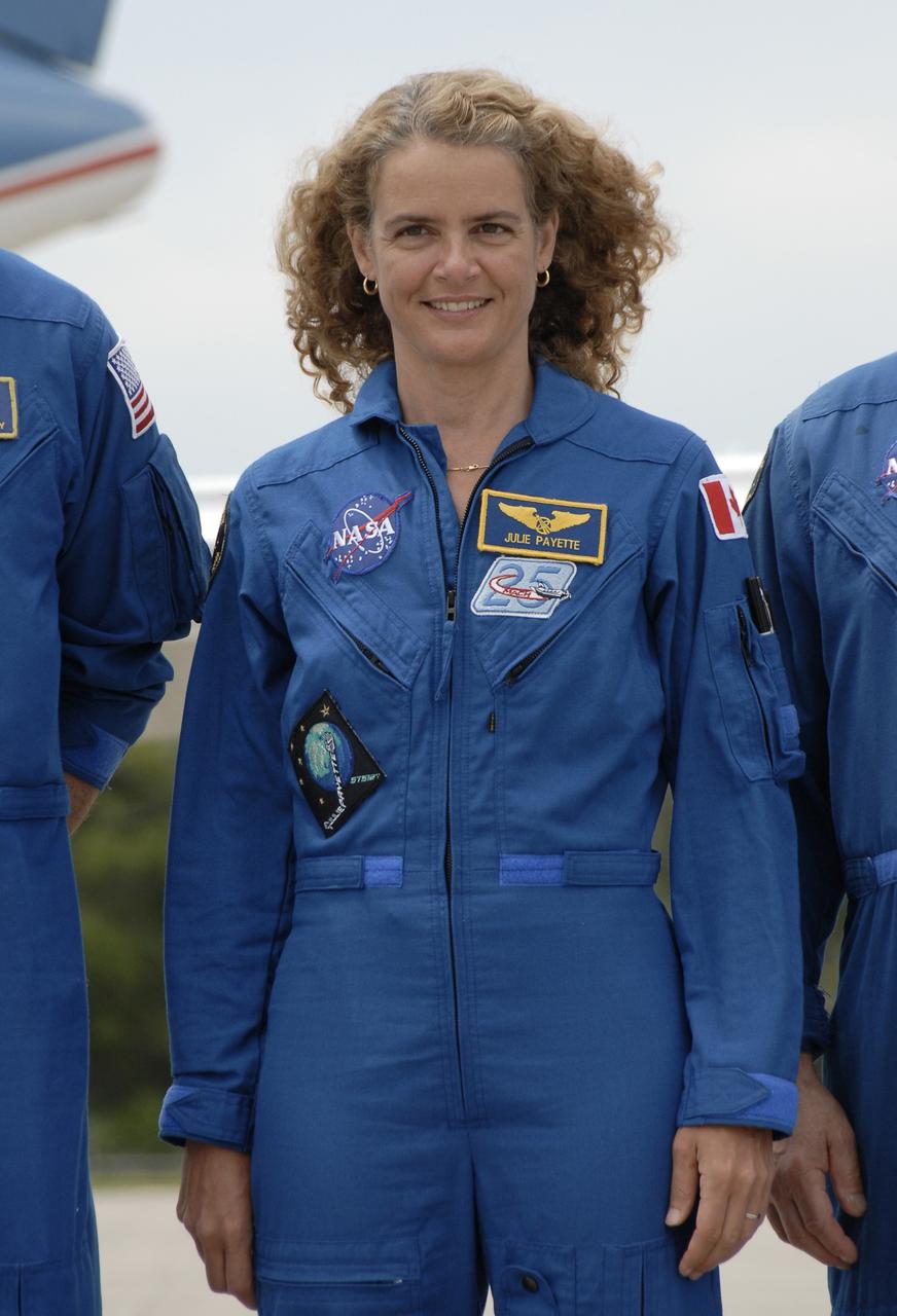 CAPE CANAVERAL, Fla. – Space shuttle Endeavour's STS-127 mission crew members greet the media after arriving at NASA's Kennedy Space Center in Florida for the Terminal Countdown Demonstration Test, or TCDT. Seen here is Mission Specialist Julie Payette, who represents the Canadian Space Agency. The astronauts will be taking part in Terminal Countdown Demonstration Test activities that include equipment familiarization and emergency egress training, and culminates in a simulated launch countdown aboard Endeavour. The STS-127 mission is the final of three flights dedicated to the assembly of the Japanese Kibo laboratory complex. Launch is targeted for June 13. Photo credit: NASA/Kim Shiflett