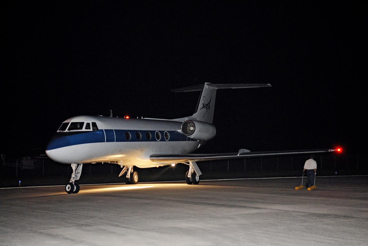 CAPE CANAVERAL, Fla. –  A Shuttle Training Aircraft returns to the Shuttle Landing Facility at NASA's Kennedy Space Center in Florida.  STS-127 Commander Mark Polansky and Pilot Doug Hurley have been practicing shuttle landings in preparation for launch of space shuttle Endeavour on the STS-127 mission, targeted for June 13.   The STA is a Grumman American Aviation-built Gulf Stream II jet that was modified to simulate a shuttle’s cockpit, motion and visual cues, and handling qualities. The crew is at Kennedy for a launch dress rehearsal called the terminal countdown demonstration test, or TCDT, which includes emergency egress training and equipment familiarization. The STS-127 mission is the final of three flights dedicated to the assembly of the Japanese Kibo laboratory complex on the International Space Station. It is the 127th shuttle flight  and the 29th in the assembly of the space station.  Photo credit: NASA/Kim Shiflett