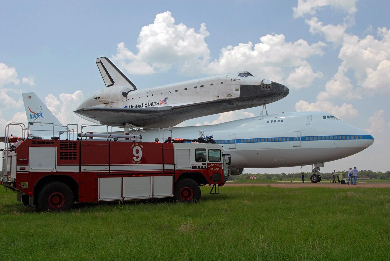 CAPE CANAVERAL, Fla. – Hitching a ride on the Shuttle Carrier Aircraft, or SCA, a modified Boeing 747, space shuttle Atlantis has landed at Columbus Air Force Base in Mississippi for a fuel stop on its journey back to Florida.  Atlantis' next assignment is the STS-129 mission, targeted to launch in November 2009.   Photo credit: NASA/Ben Smegelsky