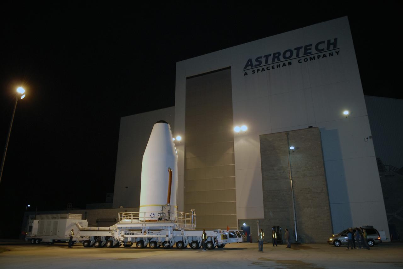 CAPE CANAVERAL, Fla. – At Cape Canaveral Air Force Station in Florida, the GOES-O satellite is being transported from the Astrotech payload processing facility in Titusville, Fla., to Launch Complex 37.  There it will be lifted into the mobile service tower and mated with the United Launch Alliance Delta IV expendable launch vehicle.  The GOES-O satellite is targeted to launch no earlier than June 26. The latest Geostationary Operational Environmental Satellite, GOES-O was developed by NASA for the National Oceanic and Atmospheric Administration, or NOAA. The GOES satellites continuously provide observations of 60 percent of the Earth including the continental United States, providing weather monitoring and forecast operations as well as a continuous and reliable stream of environmental information and severe weather warnings. Once in orbit, GOES-O will be designated GOES-14, and NASA will provide on-orbit checkout and then transfer operational responsibility to NOAA.  Photo credit: NASA/Kim Shiflett