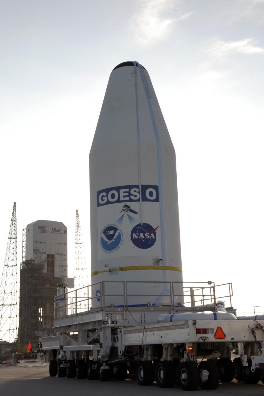 CAPE CANAVERAL, Fla. – At Cape Canaveral Air Force Station in Florida, the GOES-O satellite  arrives at Launch Complex 37.  There it will be lifted into the mobile service tower and mated with the United Launch Alliance Delta IV expendable launch vehicle. The GOES-O satellite is targeted to launch no earlier than June 26. The latest Geostationary Operational Environmental Satellite, GOES-O was developed by NASA for the National Oceanic and Atmospheric Administration, or NOAA. The GOES satellites continuously provide observations of 60 percent of the Earth including the continental United States, providing weather monitoring and forecast operations as well as a continuous and reliable stream of environmental information and severe weather warnings. Once in orbit, GOES-O will be designated GOES-14, and NASA will provide on-orbit checkout and then transfer operational responsibility to NOAA.  Photo credit: NASA/Kim Shiflett