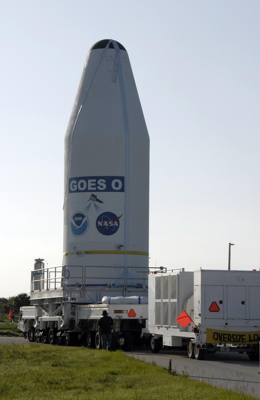 CAPE CANAVERAL, Fla. – At Cape Canaveral Air Force Station in Florida, the GOES-O satellite  arrives at Launch Complex 37.  There it will be lifted into the mobile service tower and mated with the United Launch Alliance Delta IV expendable launch vehicle.  The GOES-O satellite is targeted to launch no earlier than June 26. The latest Geostationary Operational Environmental Satellite, GOES-O was developed by NASA for the National Oceanic and Atmospheric Administration, or NOAA. The GOES satellites continuously provide observations of 60 percent of the Earth including the continental United States, providing weather monitoring and forecast operations as well as a continuous and reliable stream of environmental information and severe weather warnings. Once in orbit, GOES-O will be designated GOES-14, and NASA will provide on-orbit checkout and then transfer operational responsibility to NOAA.  Photo credit: NASA/Kim Shiflett