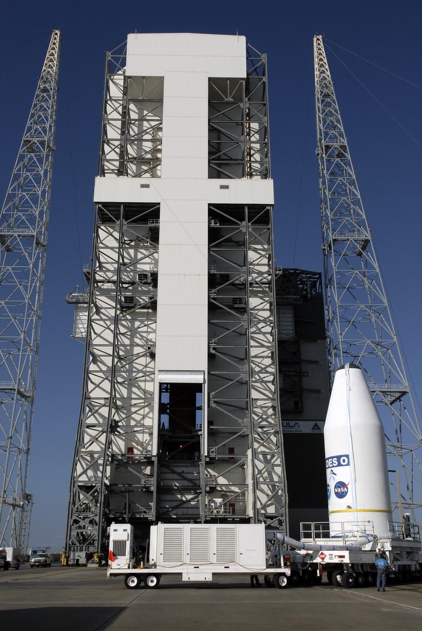 CAPE CANAVERAL, Fla. – At Cape Canaveral Air Force Station in Florida, the GOES-O satellite  arrives at the mobile service tower on Launch Complex 37.  It will be lifted into the tower and mated with the United Launch Alliance Delta IV expendable launch vehicle.  The GOES-O satellite is targeted to launch no earlier than June 26. The latest Geostationary Operational Environmental Satellite, GOES-O was developed by NASA for the National Oceanic and Atmospheric Administration, or NOAA. The GOES satellites continuously provide observations of 60 percent of the Earth including the continental United States, providing weather monitoring and forecast operations as well as a continuous and reliable stream of environmental information and severe weather warnings. Once in orbit, GOES-O will be designated GOES-14, and NASA will provide on-orbit checkout and then transfer operational responsibility to NOAA.  Photo credit: NASA/Kim Shiflett