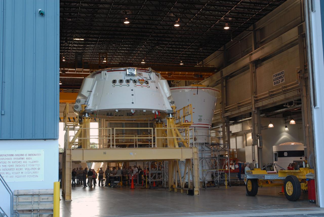 CAPE CANAVERAL, Fla. – The Ares I-X aft skirt is ready to be moved from the Assembly and Refurbishment Facility at NASA's Kennedy Space Center to the Rotation, Processing and Surge Facility. The aft skirt underwent modifications in the ARF. In the RSPF, it will be stacked with the aft motor to form the aft assembly.  The complete Ares I-X will be assembled in the Vehicle Assembly Building. The launch of Ares I-X is targeted for August 2009. Photo credit: NASA/Jim Grossmann