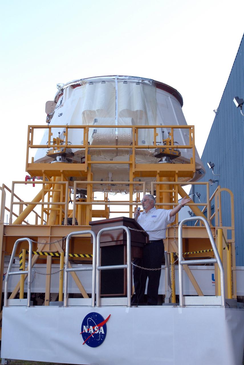 CAPE CANAVERAL, Fla. – Roger Elliot, with United Space Alliance, speaks to employees before the move of the Ares I-X aft skirt from the Assembly and Refurbishment Facility at NASA's Kennedy Space Center to the Rotation, Processing and Surge Facility. The aft skirt underwent modifications in the ARF. In the RSPF, it will be stacked with the aft motor to form the aft assembly. The complete Ares I-X will be assembled in the Vehicle Assembly Building. The launch of Ares I-X is targeted for August 2009. Photo credit: NASA/Jim Grossmann