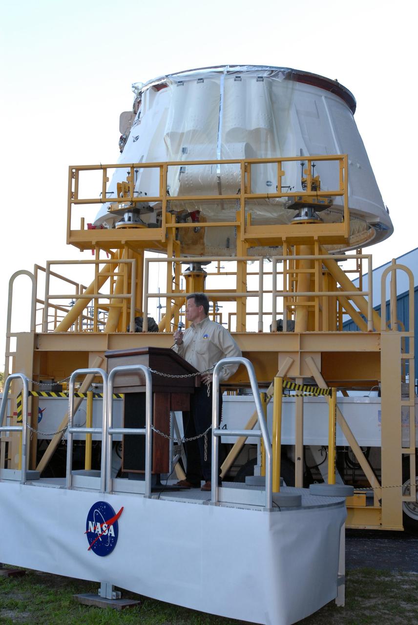 CAPE CANAVERAL, Fla. – Joe Oliva, with ATK, speaks to employees before the move of the Ares I-X aft skirt from the Assembly and Refurbishment Facility at NASA's Kennedy Space Center to the Rotation, Processing and Surge Facility. The aft skirt underwent modifications in the ARF. In the RSPF, it will be stacked with the aft motor to form the aft assembly.  The complete Ares I-X will be assembled in the Vehicle Assembly Building. The launch of Ares I-X is targeted for August 2009. Photo credit: NASA/Jim Grossmann