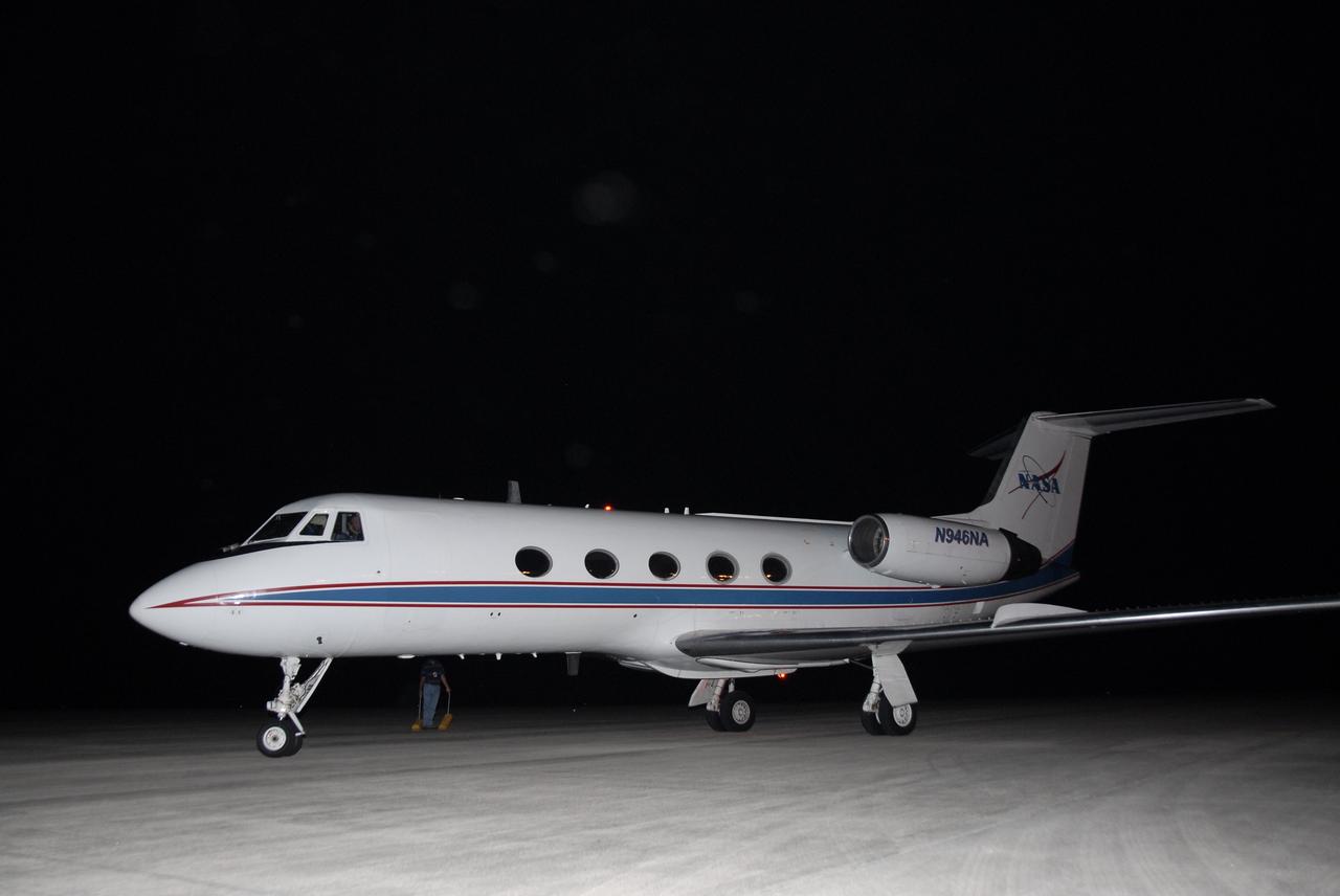 CAPE CANAVERAL, Fla. – A Shuttle Training Aircraft transporting the STS-127 astronaut crew from Houston arrives at the Shuttle Landing Facility at NASA's Kennedy Space Center in Florida.  STS-127 crew arrived at Kennedy to get ready for launch on space shuttle Endeavour on June 13.  The STS-127 mission is the final of three flights dedicated to the assembly of the Japan Aerospace Exploration Agency's Kibo laboratory complex on the International Space Station.  Endeavour will deliver the Japanese Experiment Module's Exposed Facility, or JEM-EF, and the Experiment Logistics Module-Exposed Section, or ELM-ES, to the space station on STS-127.  Photo credit: NASA/Kim Shiflett