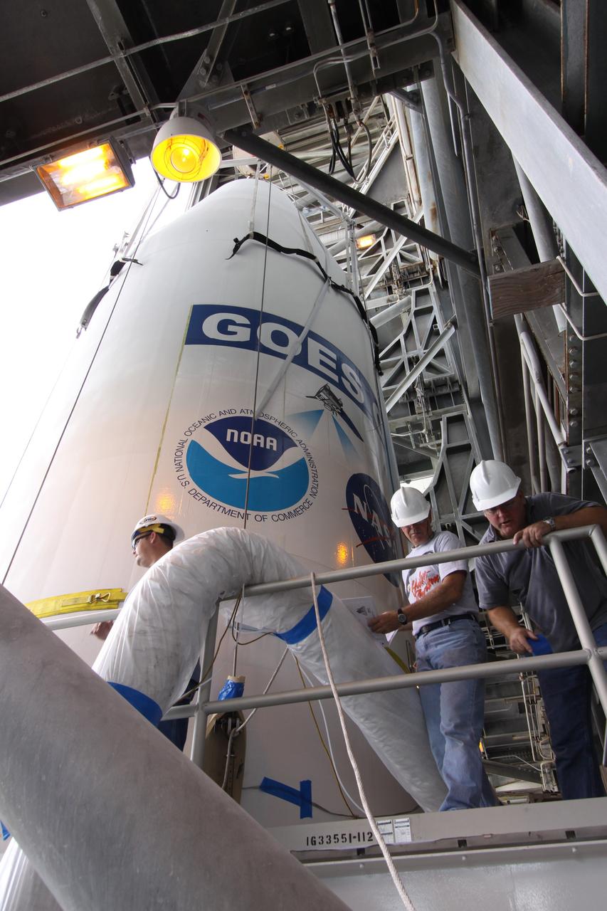 CAPE CANAVERAL, Fla. – On Launch Complex 37 at Cape Canaveral Air Force Station in Florida, the GOES-O satellite is fitted with a sling to lift it into the mobile service tower where it will be mated with the United Launch Alliance Delta IV expendable launch vehicle. The GOES-O satellite is targeted to launch no earlier than June 26. The latest Geostationary Operational Environmental Satellite, GOES-O was developed by NASA for the National Oceanic and Atmospheric Administration, or NOAA. The GOES satellites continuously provide observations of 60 percent of the Earth including the continental United States, providing weather monitoring and forecast operations as well as a continuous and reliable stream of environmental information and severe weather warnings. Once in orbit, GOES-O will be designated GOES-14, and NASA will provide on-orbit checkout and then transfer operational responsibility to NOAA.   Photo credit: NASA/Jack Pfaller