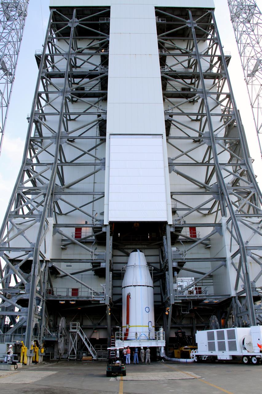 CAPE CANAVERAL, Fla. – On Launch Complex 37 at Cape Canaveral Air Force Station in Florida, preparations are complete to lift the GOES-O satellite into the mobile service tower where it will be mated with the United Launch Alliance Delta IV expendable launch vehicle. The GOES-O satellite is targeted to launch no earlier than June 26. The latest Geostationary Operational Environmental Satellite, GOES-O was developed by NASA for the National Oceanic and Atmospheric Administration, or NOAA. The GOES satellites continuously provide observations of 60 percent of the Earth including the continental United States, providing weather monitoring and forecast operations as well as a continuous and reliable stream of environmental information and severe weather warnings. Once in orbit, GOES-O will be designated GOES-14, and NASA will provide on-orbit checkout and then transfer operational responsibility to NOAA. Photo credit: NASA/Jack Pfaller