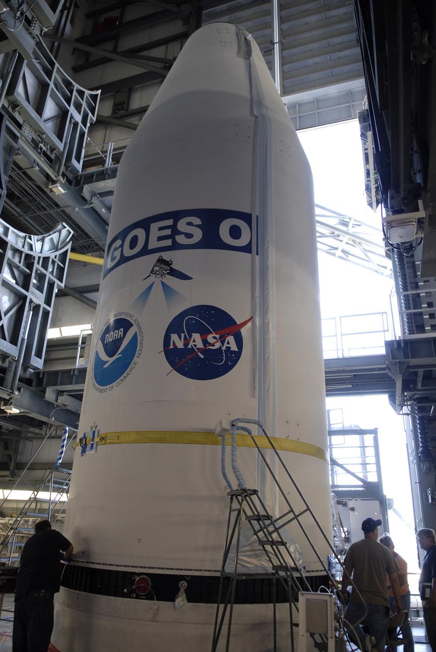 CAPE CANAVERAL, Fla. – On Launch Complex 37 at Cape Canaveral Air Force Station in Florida, the GOES-O satellite has been lifted into the mobile service tower. It has been mated with the United Launch Alliance Delta IV expendable launch vehicle. The GOES-O satellite is targeted to launch June 26. The latest Geostationary Operational Environmental Satellite, GOES-O was developed by NASA for the National Oceanic and Atmospheric Administration, or NOAA. The GOES satellites continuously provide observations of 60 percent of the Earth including the continental United States, providing weather monitoring and forecast operations as well as a continuous and reliable stream of environmental information and severe weather warnings. Once in orbit, GOES-O will be designated GOES-14, and NASA will provide on-orbit checkout and then transfer operational responsibility to NOAA. Photo credit: NASA/Kim Shiflett