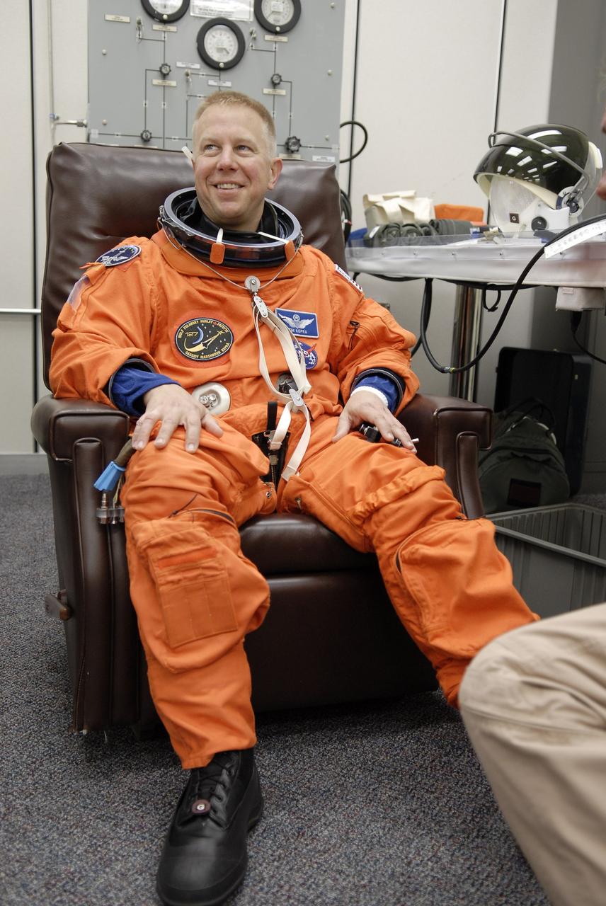 CAPE CANAVERAL, Fla. –  At NASA's Kennedy Space Center in Florida, STS-127 Mission Specialist Tim Kopra is undergoing fit-check of his launch-and-entry suit in preparation for space shuttle Endeavour's launch on June 13 to the International Space Station. Kopra will be making his first shuttle flight and will remain on the space station as the Expedition 20 flight engineer. He will return to Earth on space shuttle Discovery with the STS-128 crew.   Endeavour will deliver the Japanese Experiment Module's Exposed Facility, or JEM-EF, and the Experiment Logistics Module-Exposed Section, or ELM-ES, on STS-127. The mission is the final of three flights dedicated to the assembly of the Japan Aerospace Exploration Agency's Kibo laboratory complex on the space station.   Photo credit: NASA/Kim Shiflett
