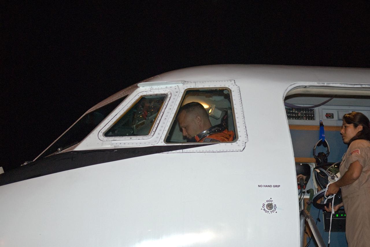 CAPE CANAVERAL, Fla. –  At the Shuttle Landing Facility at NASA's Kennedy Space Center in Florida, STS-127 Pilot Doug Hurley checks cockpit controls seated in the Shuttle Training Aircraft.  Hurley will fly the STA to practice landings in preparation for launch of space shuttle Endeavour on the STS-127 mission on June 13 to the International Space Station. The STA is a Grumman American Aviation-built Gulfstream II jet that was modified to simulate a shuttle’s cockpit, motion and visual cues, and handling qualities. Endeavour will deliver the Japanese Experiment Module's Exposed Facility, or JEM-EF, and the Experiment Logistics Module-Exposed Section, or ELM-ES. on STS-127. The mission is the final of three flights dedicated to the assembly of the Japan Aerospace Exploration Agency's Kibo laboratory complex on the space station.    Photo credit: NASA/Kim Shiflett