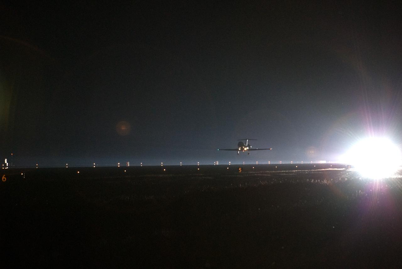 CAPE CANAVERAL, Fla. –  A Shuttle Training Aircraft approaches touchdown on the runway at the Shuttle Landing Facility at NASA's Kennedy Space Center in Florida.  STS-127 Commander Mark Polansky and Pilot Doug Hurley are practicing landings in the STA in preparation for launch of space shuttle Endeavour on the STS-127 mission on June 13 to the International Space Station.  The STA is a Grumman American Aviation-built Gulfstream II jet that was modified to simulate a shuttle’s cockpit, motion and visual cues, and handling qualities. Endeavour will deliver the Japanese Experiment Module's Exposed Facility, or JEM-EF, and the Experiment Logistics Module-Exposed Section, or ELM-ES. on STS-127. The mission is the final of three flights dedicated to the assembly of the Japan Aerospace Exploration Agency's Kibo laboratory complex on the space station.    Photo credit: NASA/Kim Shiflett