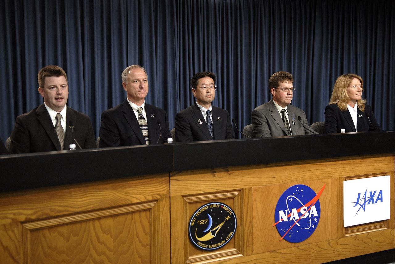 CAPE CANAVERAL, Fla. – Taking part in a prelaunch news conference at NASA's Kennedy Space Center in Florida about the STS-127 mission are (from left) Mike Moses, launch integration manager and chair of the Mission Management Team; Pete Nickolenko, STS-127 shuttle launch director; Koki Oikawa, Japan Experiment Module, or JEM, Project Team function manager; Pierre Jean, director of Operations Engineering and program manager for the Canadian Space Station Program, Canadian Space Agency; and Kathy Winters, shuttle weather officer. In the final of three flights dedicated to the assembly of the Japan Aerospace Exploration Agency's Kibo laboratory complex on the International Space Station, space shuttle Endeavour will deliver the JEM Exposed Facility and the Experiment Logistics Module-Exposed Section, or ELM-ES. STS-127 is the 29th flight for the assembly of the space station and the 127th flight in the Space Shuttle Program. Photo credit: NASA/Kim Shiflett