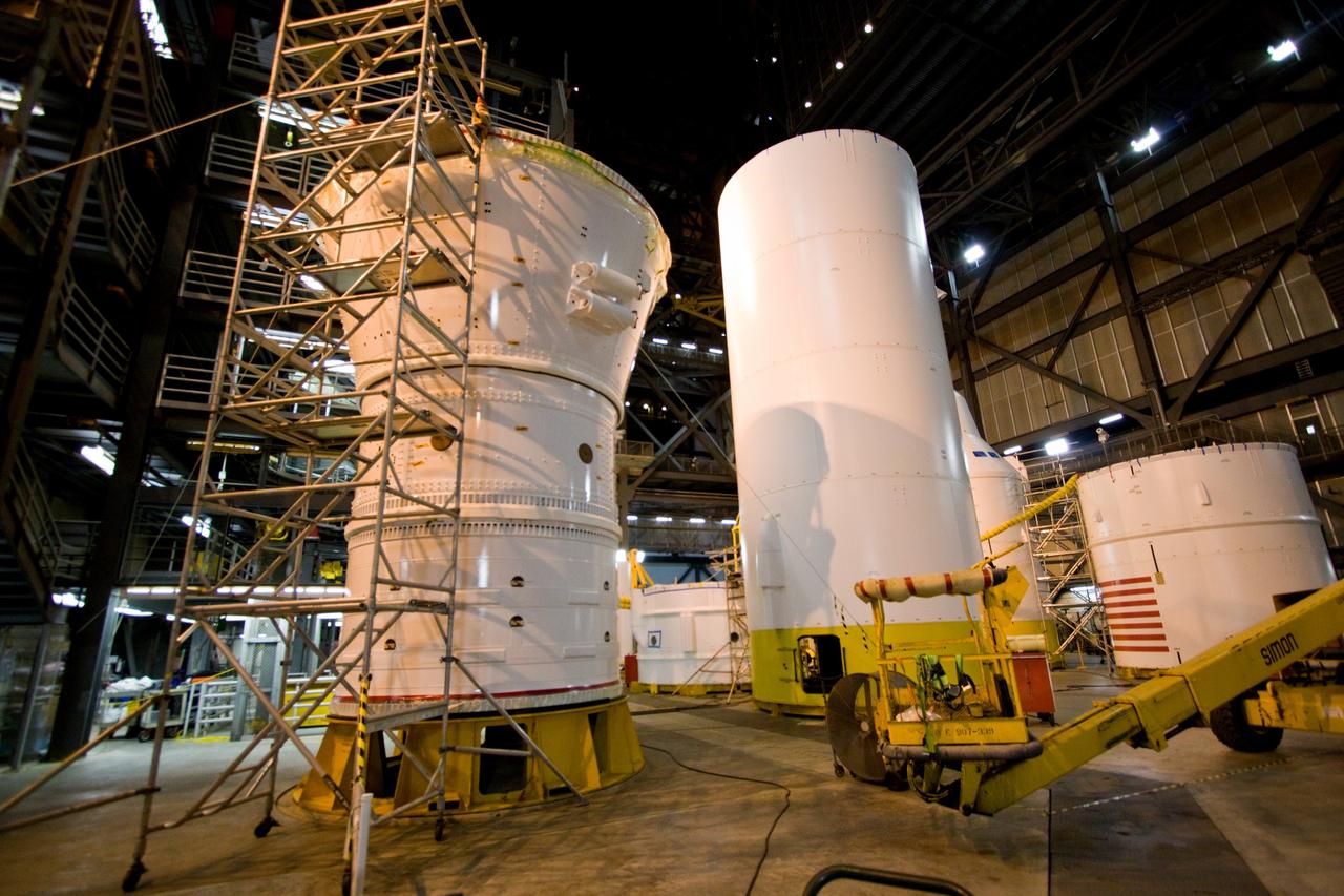 CAPE CANAVERAL, Fla. – In the Vehicle Assembly Building's High Bay 4 at NASA's Kennedy Space Center in Florida, the Ares I-X forward assembly has joined other segments on the floor. Ares I-X is the flight test vehicle for the Ares I, a component of the Constellation Program. Ares I is the essential core of a safe, reliable, cost-effective space transportation system that eventually will carry crewed missions back to the moon, on to Mars and out into the solar system. The launch of the Ares I-X flight test is targeted for August 2009. Photo credit: NASA/Jack Pfaller